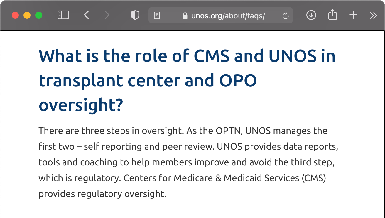 Screenshot of a UNOS.org FAQ question "What is the role of CMS and UNOS in transplant center and OPO oversight?"