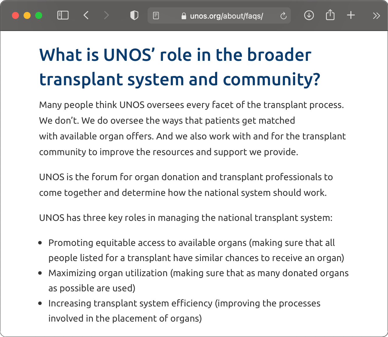 Screenshot of a UNOS.org FAQ question "What is UNOS' role in the broader transplant system and community?"